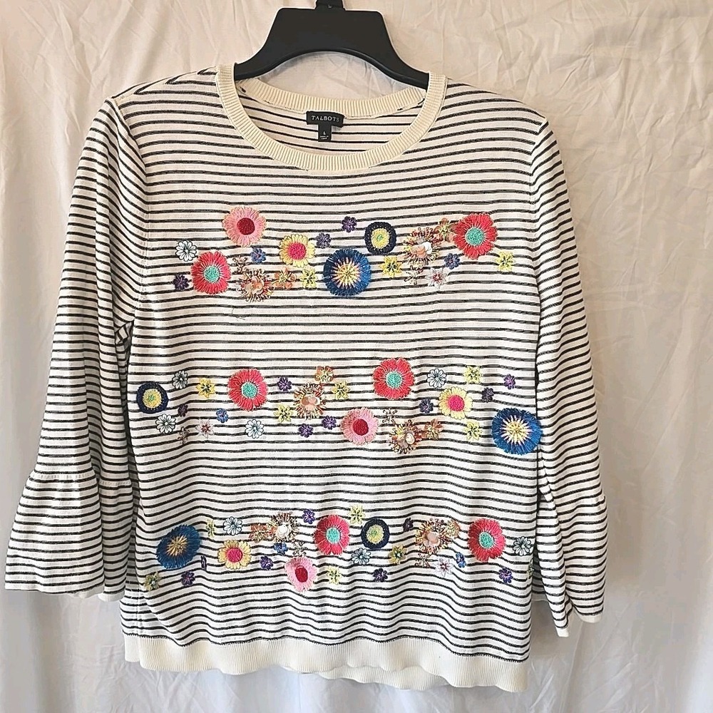 Talbots Women's L Striped 3/4 Sleeve Floral Embroidered‎ Beads Boho Hippie Shirt